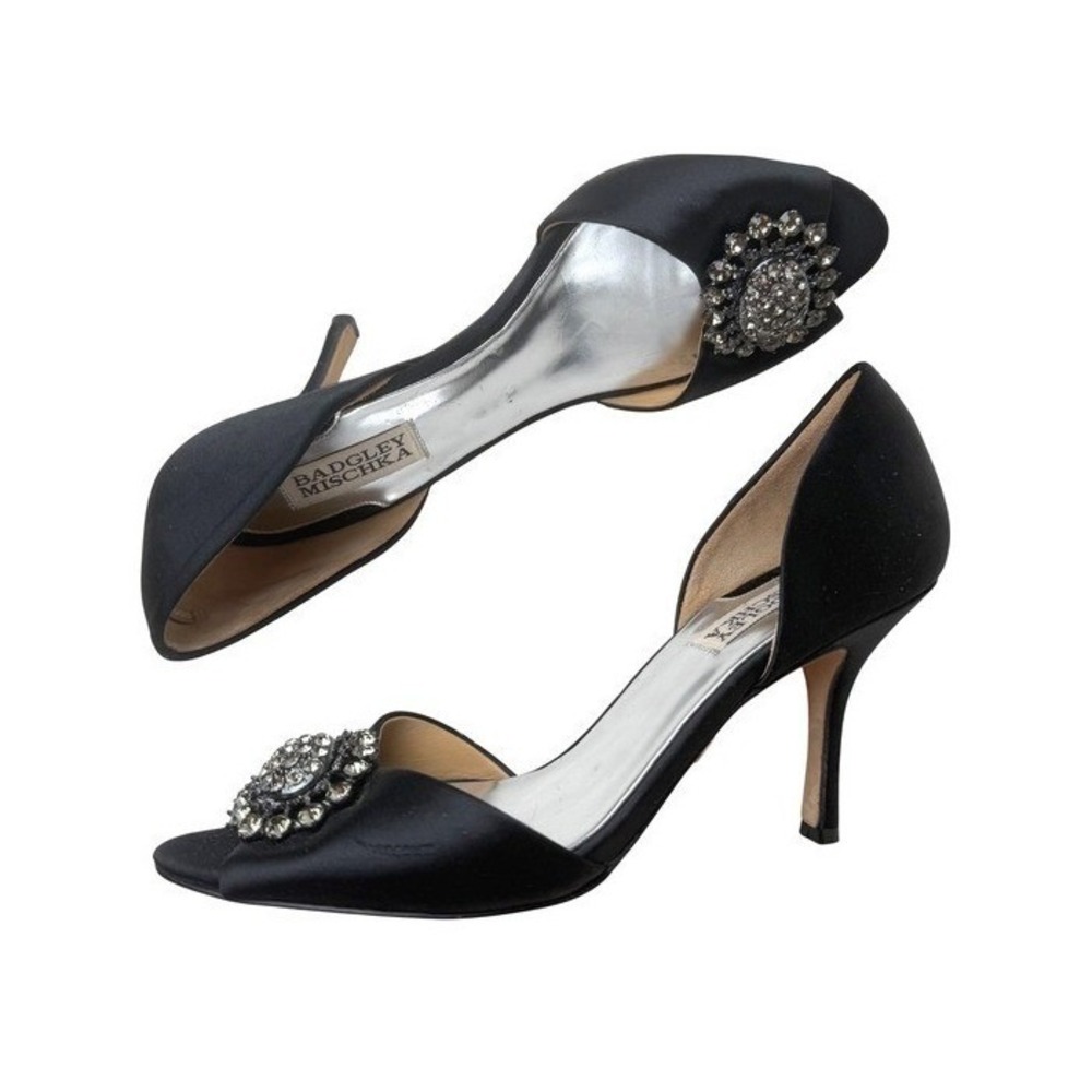 Badgley Mischka Black Satin Crystal Brooch D'Orsay Heels Wedding Blingcore 8M